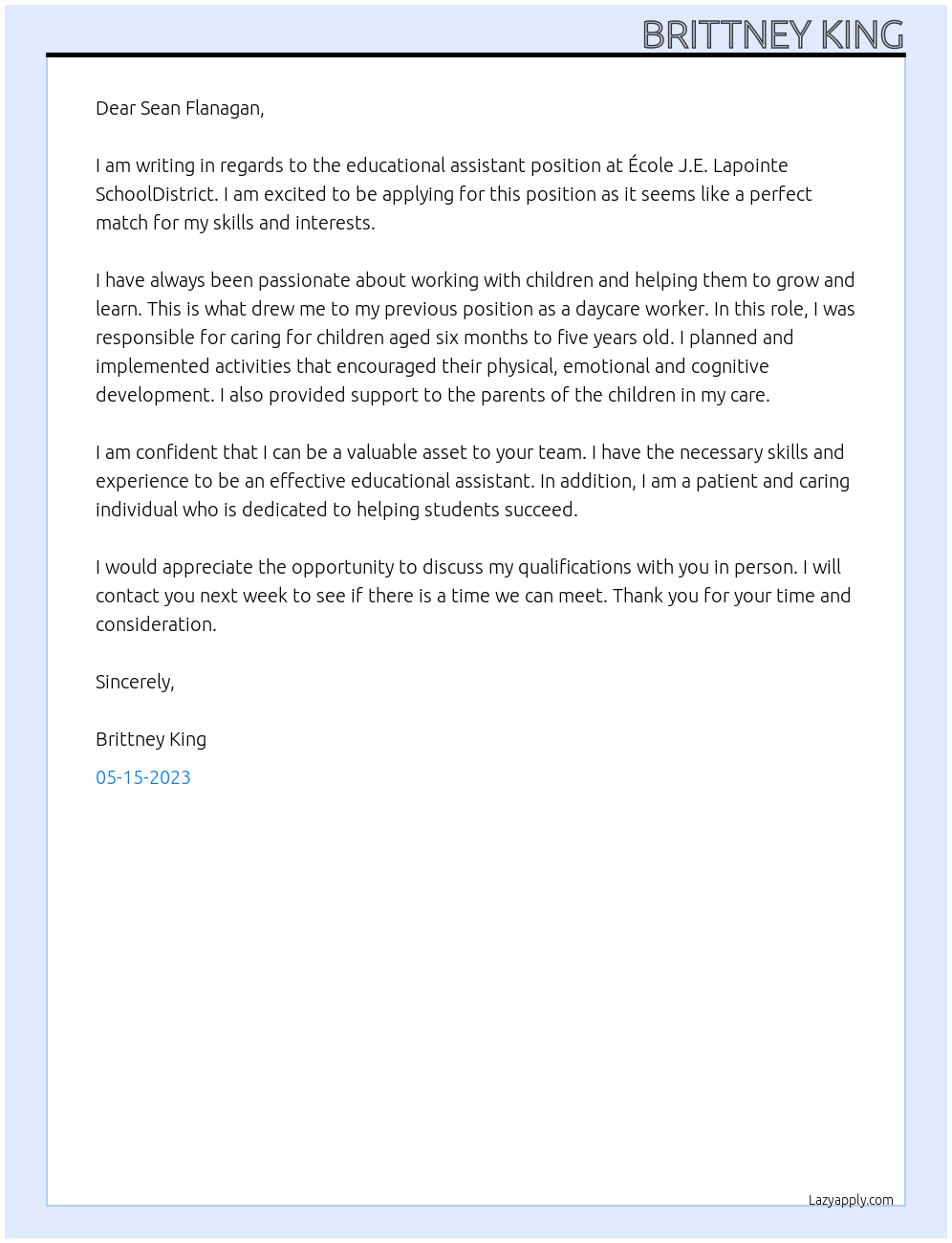 Educational Assistant At École J.E. Lapointe SchoolDistrict Cover Letter