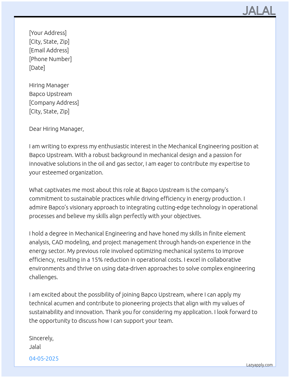 Mechanical Engineering At Bapco Upstream Cover Letter