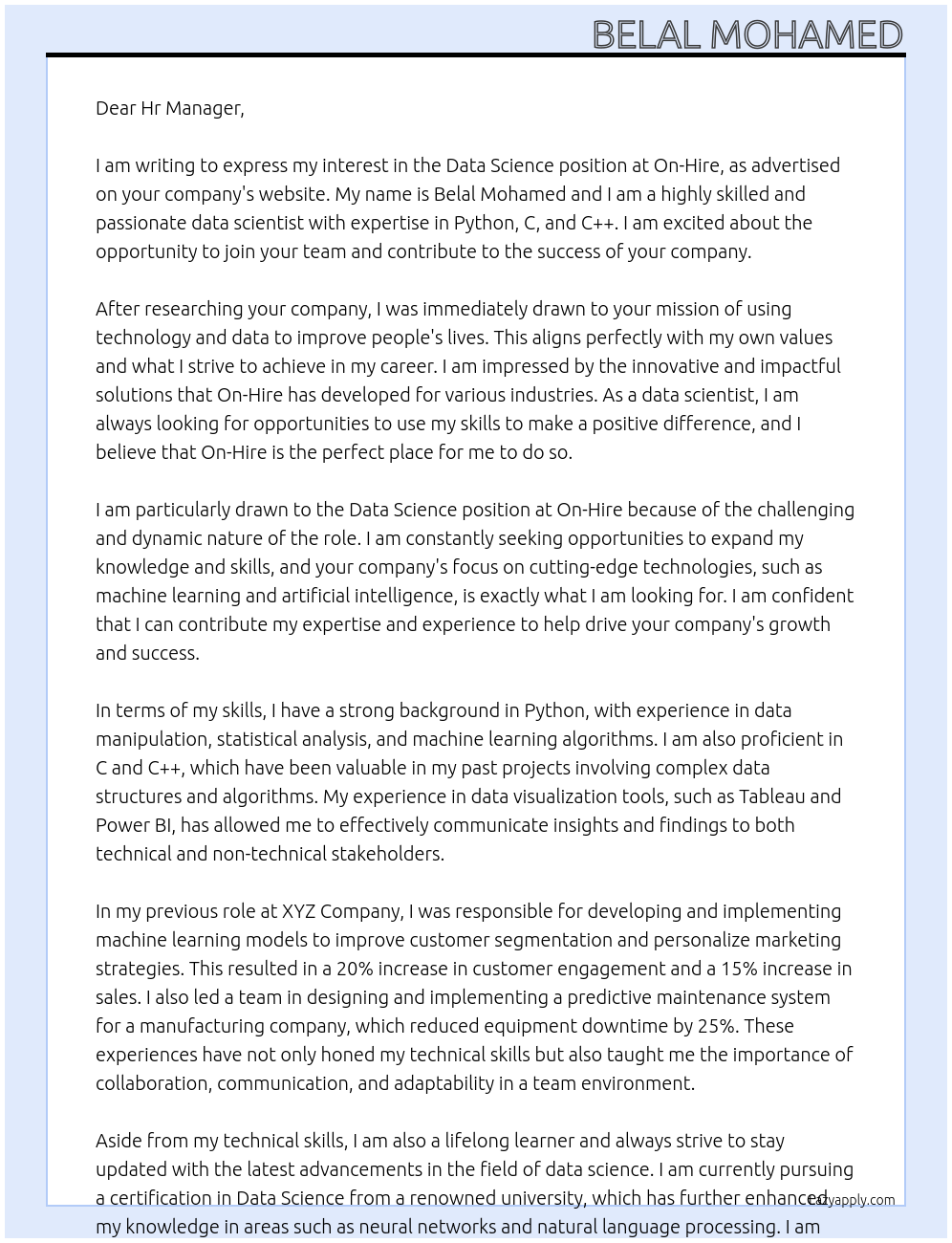 Data science At On-Hire Cover Letter