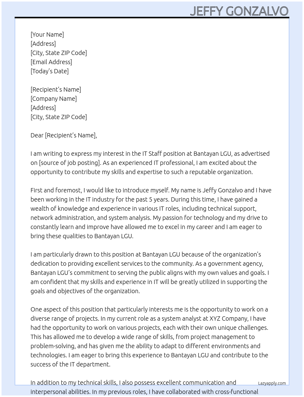 IT Staff At Bantayan LGU Cover Letter