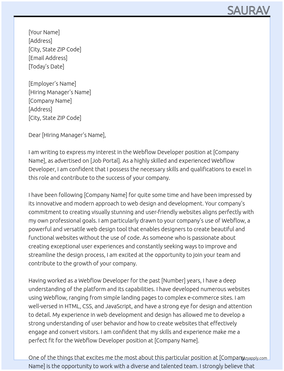 webflow developer At client Cover Letter