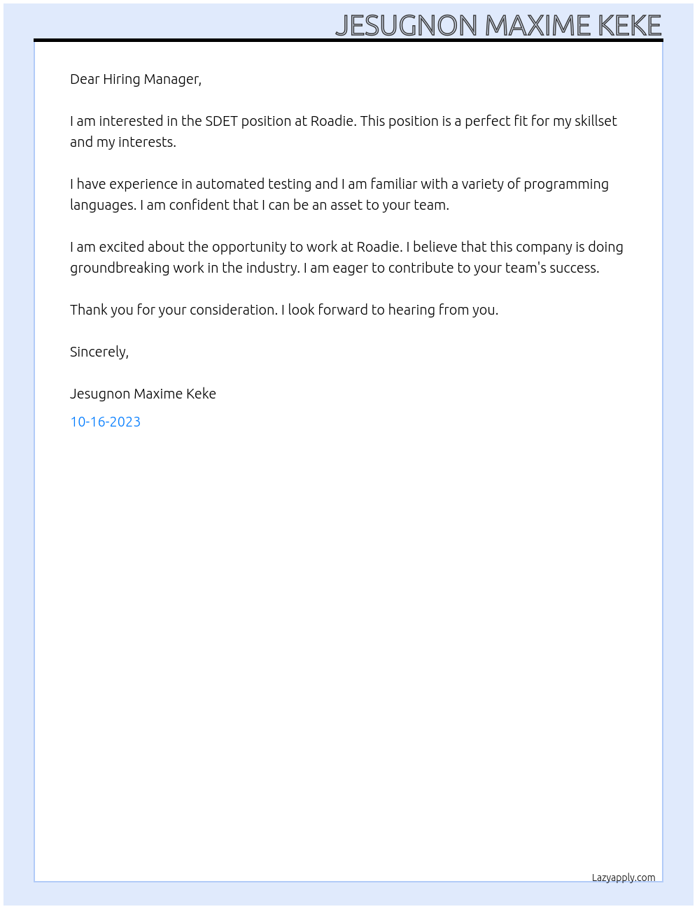 SDET At Roadie Cover Letter