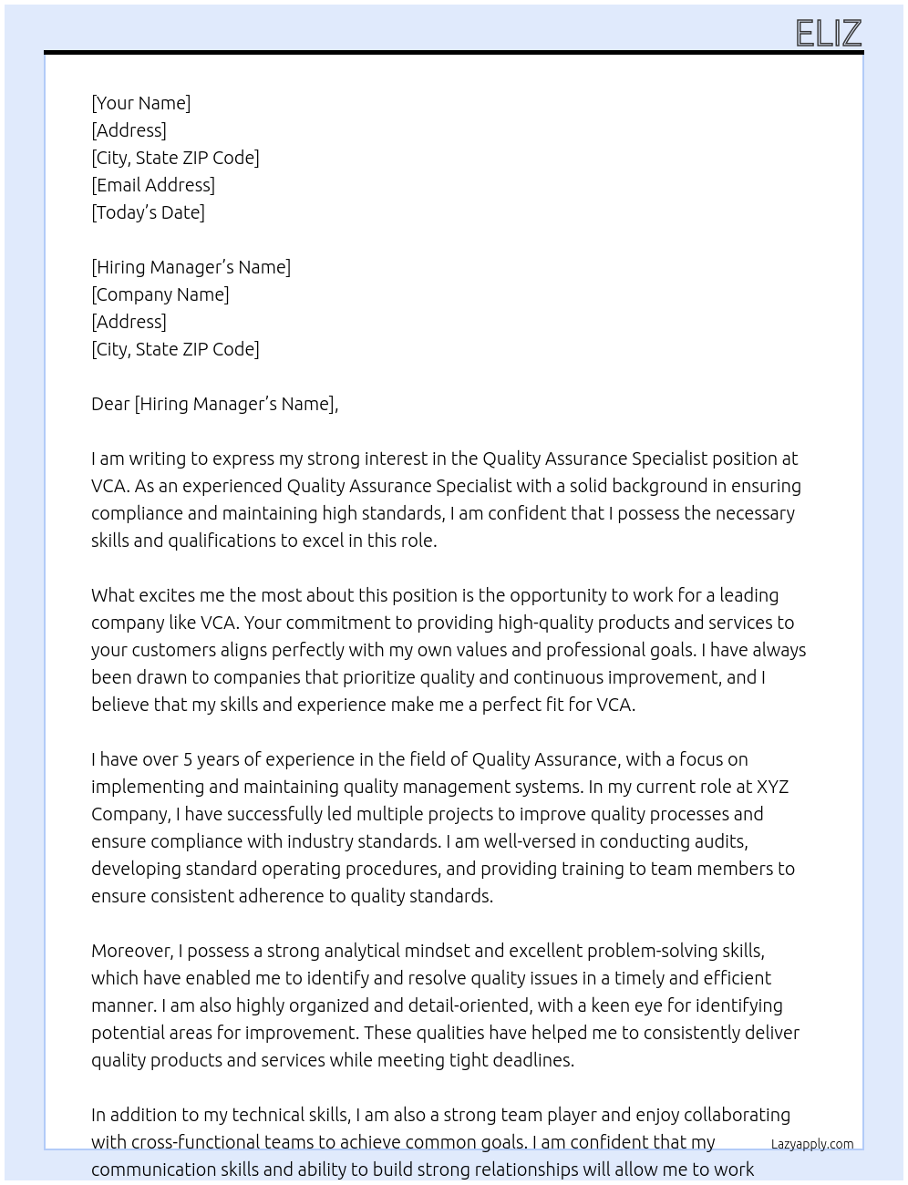 Quality Assurance Specialist At VCA Cover Letter