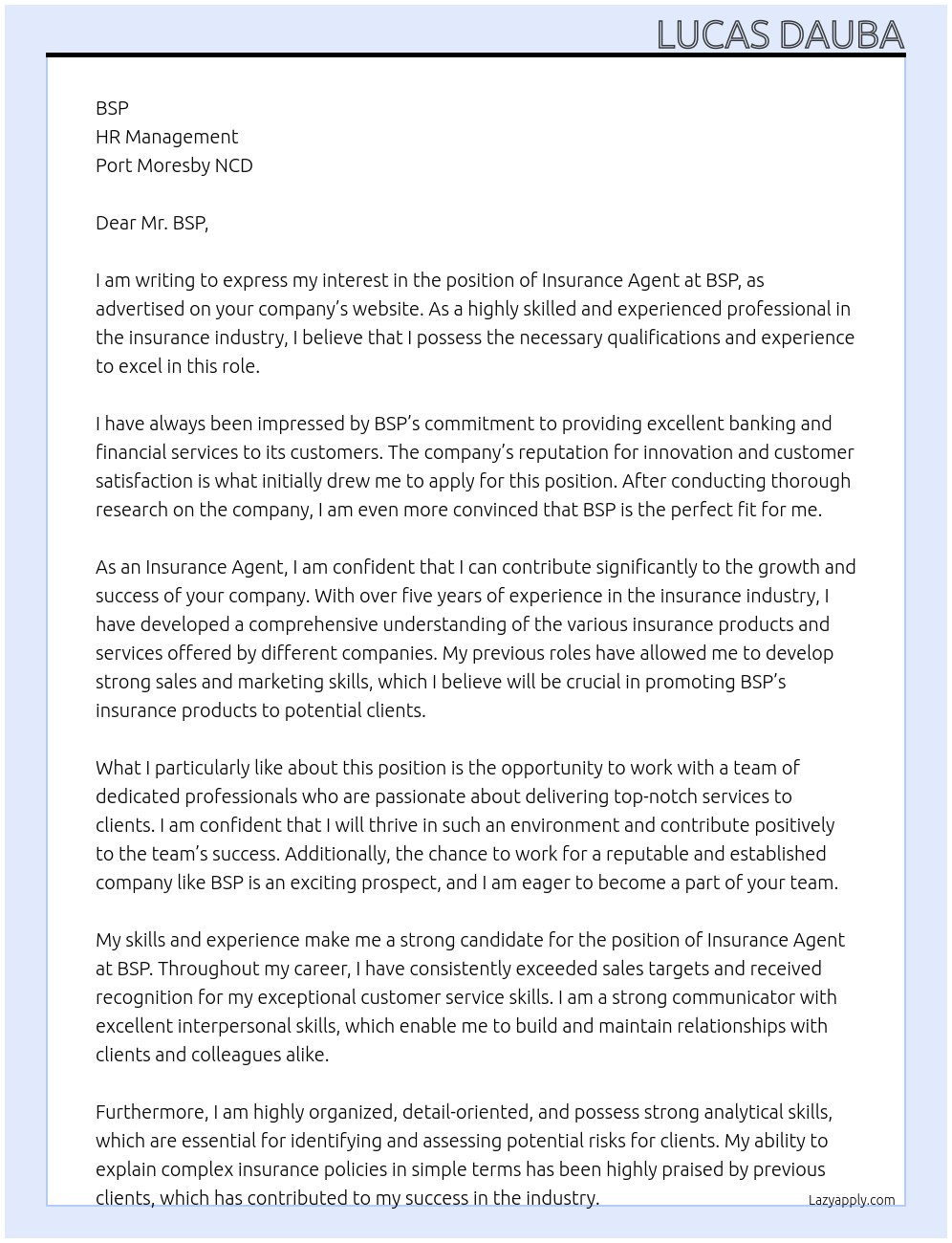 INSURANCE AGENT At BSP Cover Letter