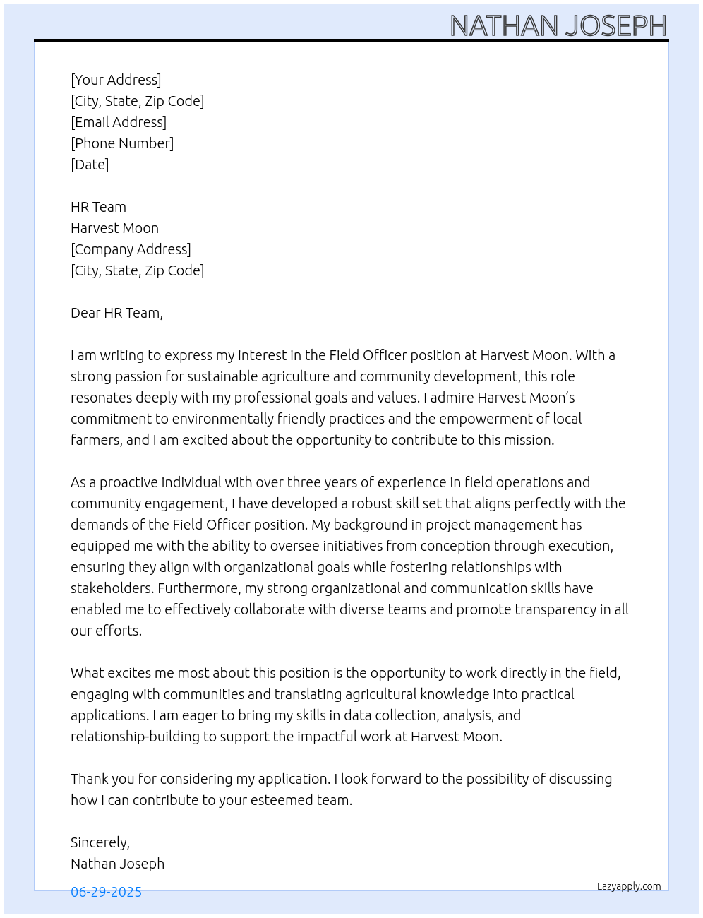 Field Officer At Harvest Moon Cover Letter