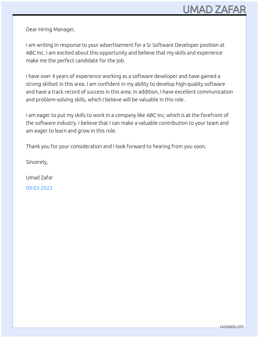 Sr Software Developer At ABC Inc Cover Letter