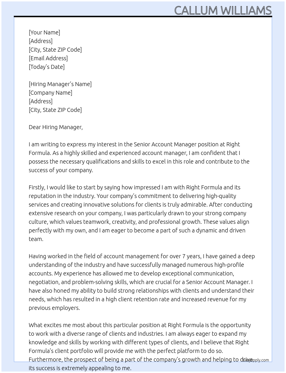 Senior Account Manager At Right Formula Cover Letter
