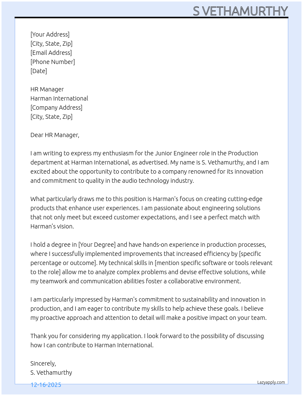 Production At Harman International Cover Letter