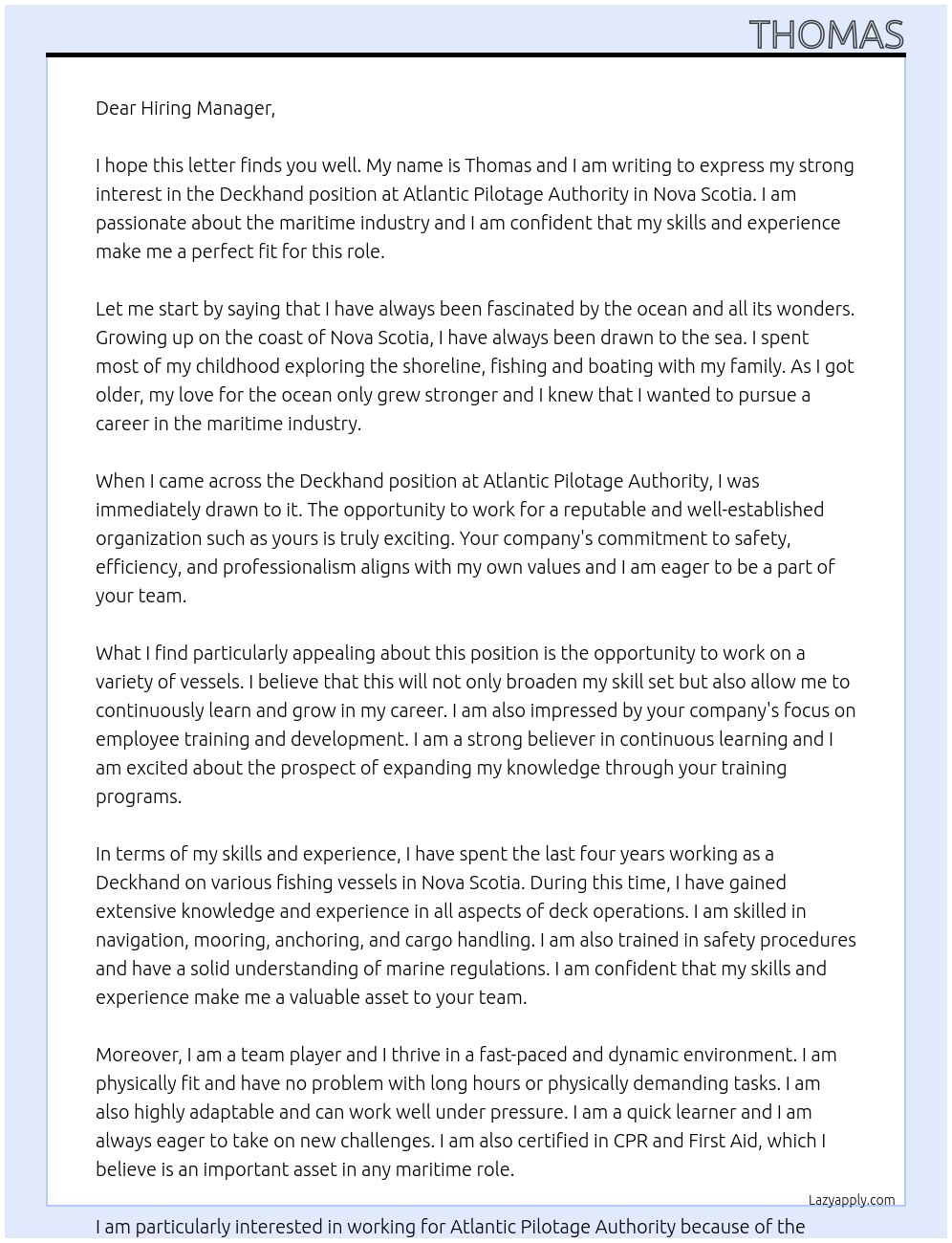 Deckhand At Atlantic Pilotage Authority Cover Letter