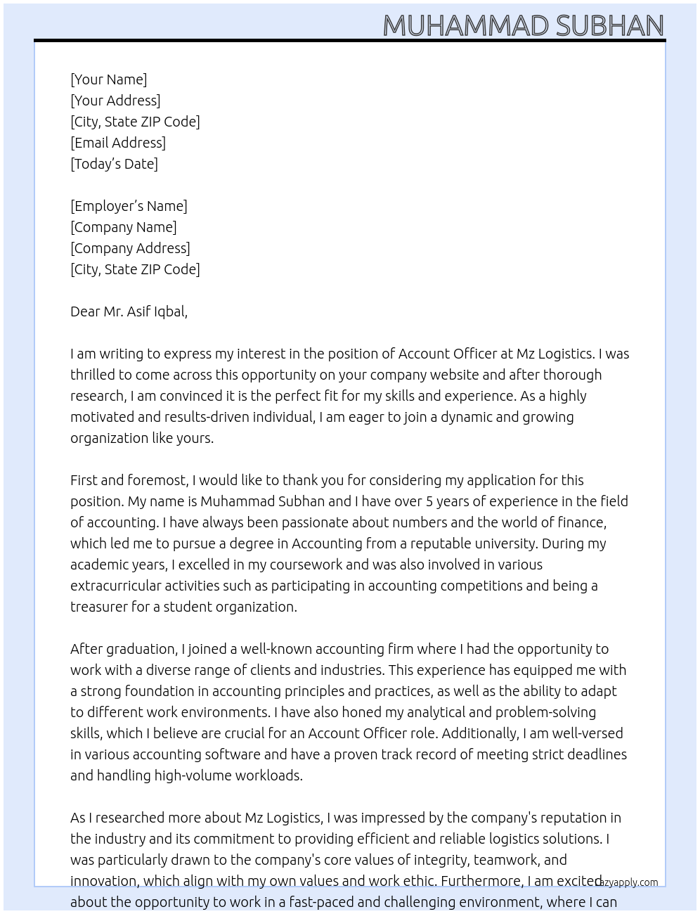 Account officer At Mz logistics Cover Letter