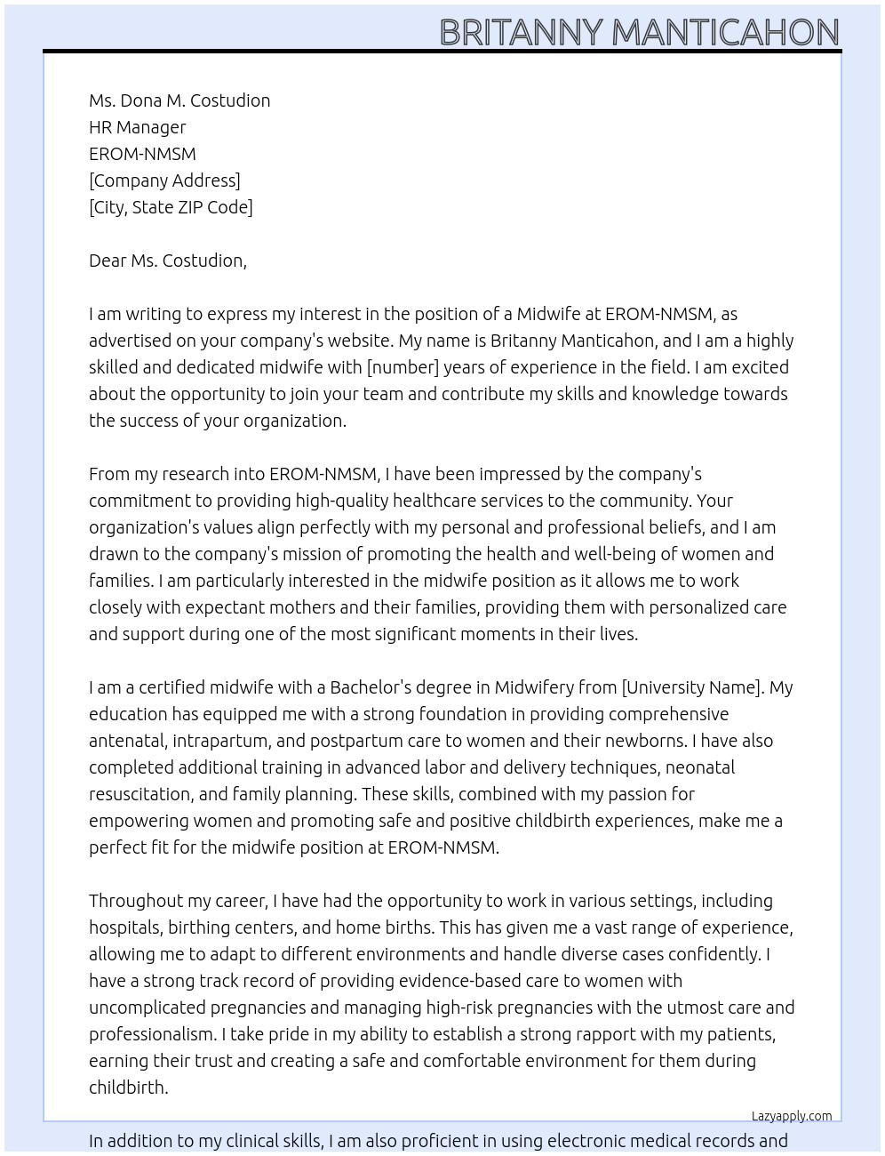 Midwife At EROM-NMSM Cover Letter