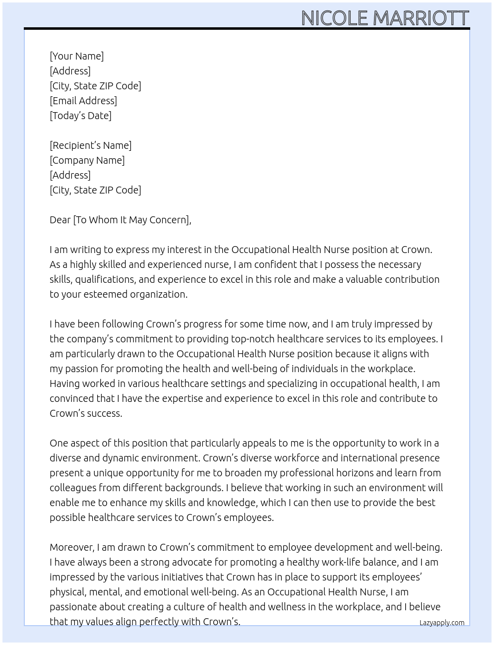 Occupational Health Nurse At Crown  Cover Letter