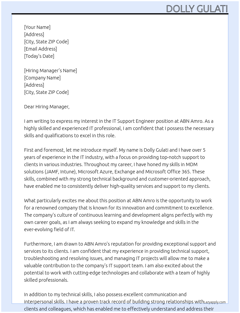 IT Support Engineer At ABN Amro Cover Letter