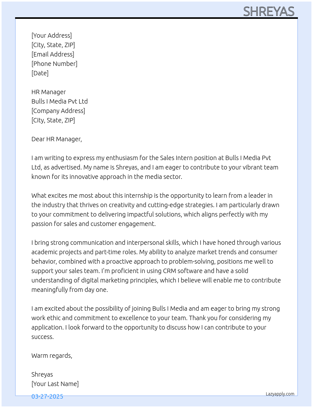 Cover letter for sales intern - LazyApply