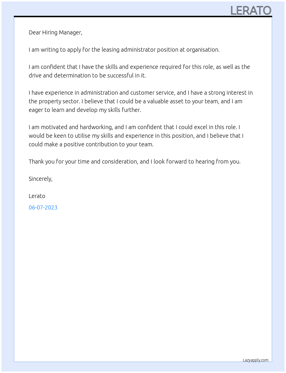 leasing administrator  At organisation Cover Letter