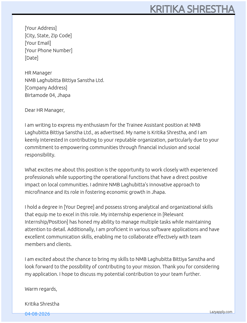 Trainee Assistant  At NMB Laghubitta Bittiya Sanstha Ltd. Cover Letter