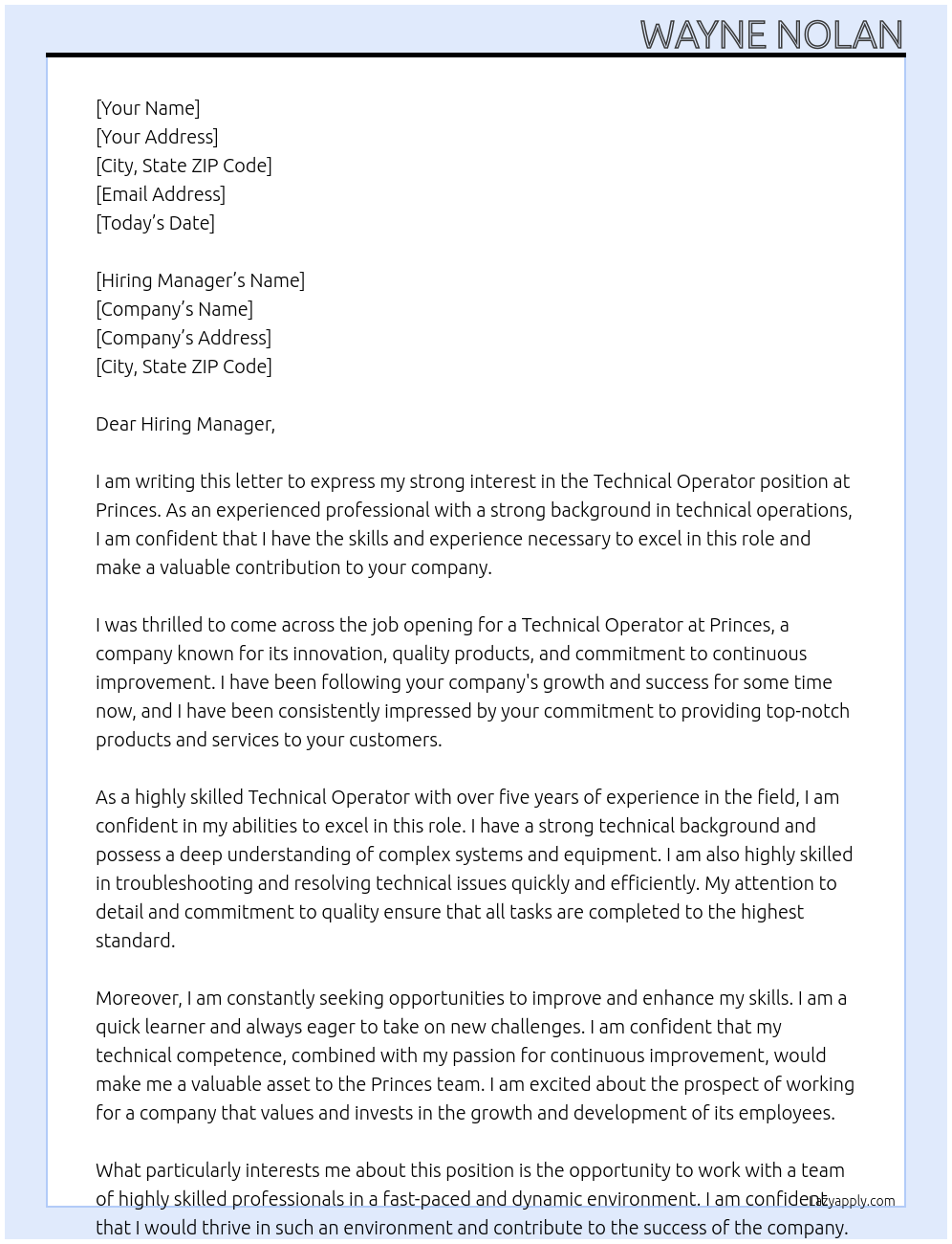 Technical Operator At Princes Cover Letter