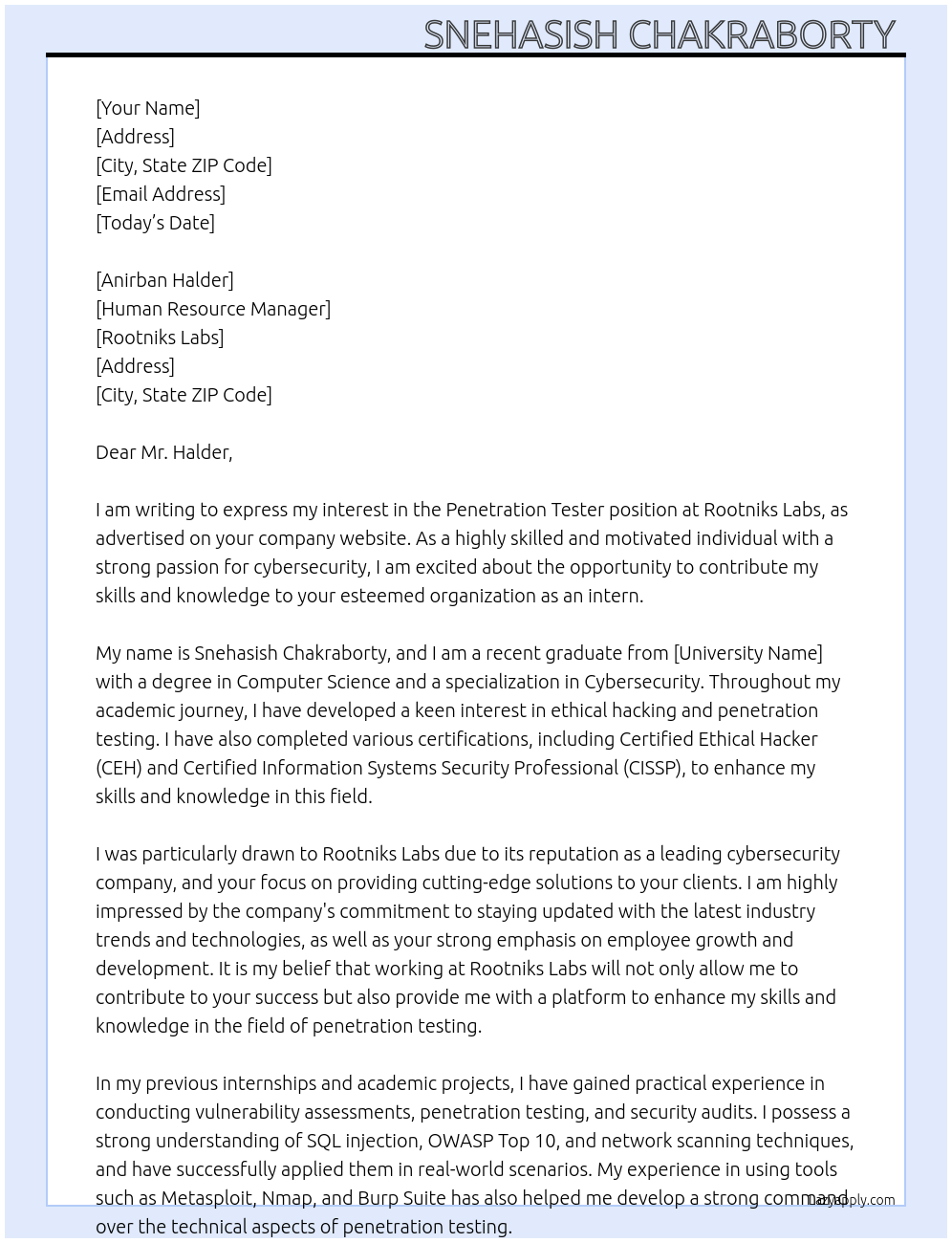Penetration tester At Rootniks labs Cover Letter