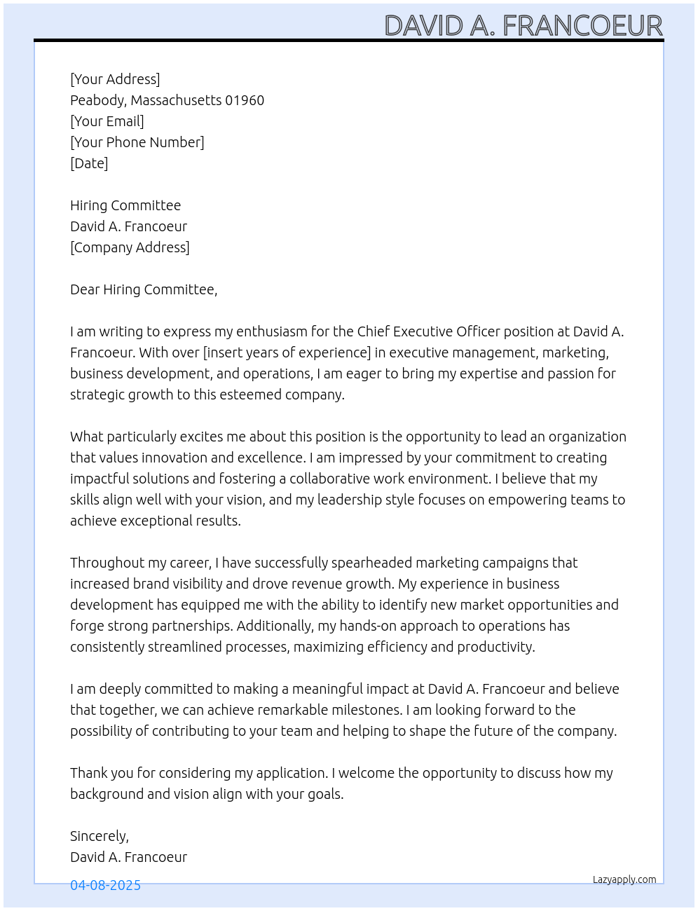 Chief Executive Officer At David A. Francoeur Cover Letter