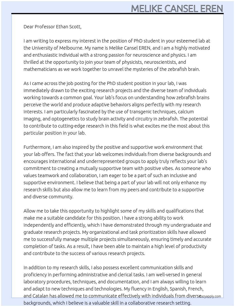 PhD Student  At Ethan Scott's Lab- The University of Melbourne Cover Letter