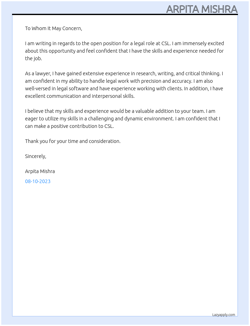 Legal At CSL Cover Letter