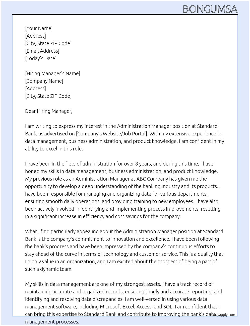 Administration Manager At Standard Bank Cover Letter