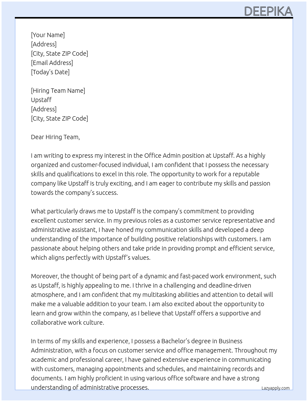 office admin  At upstaff  Cover Letter