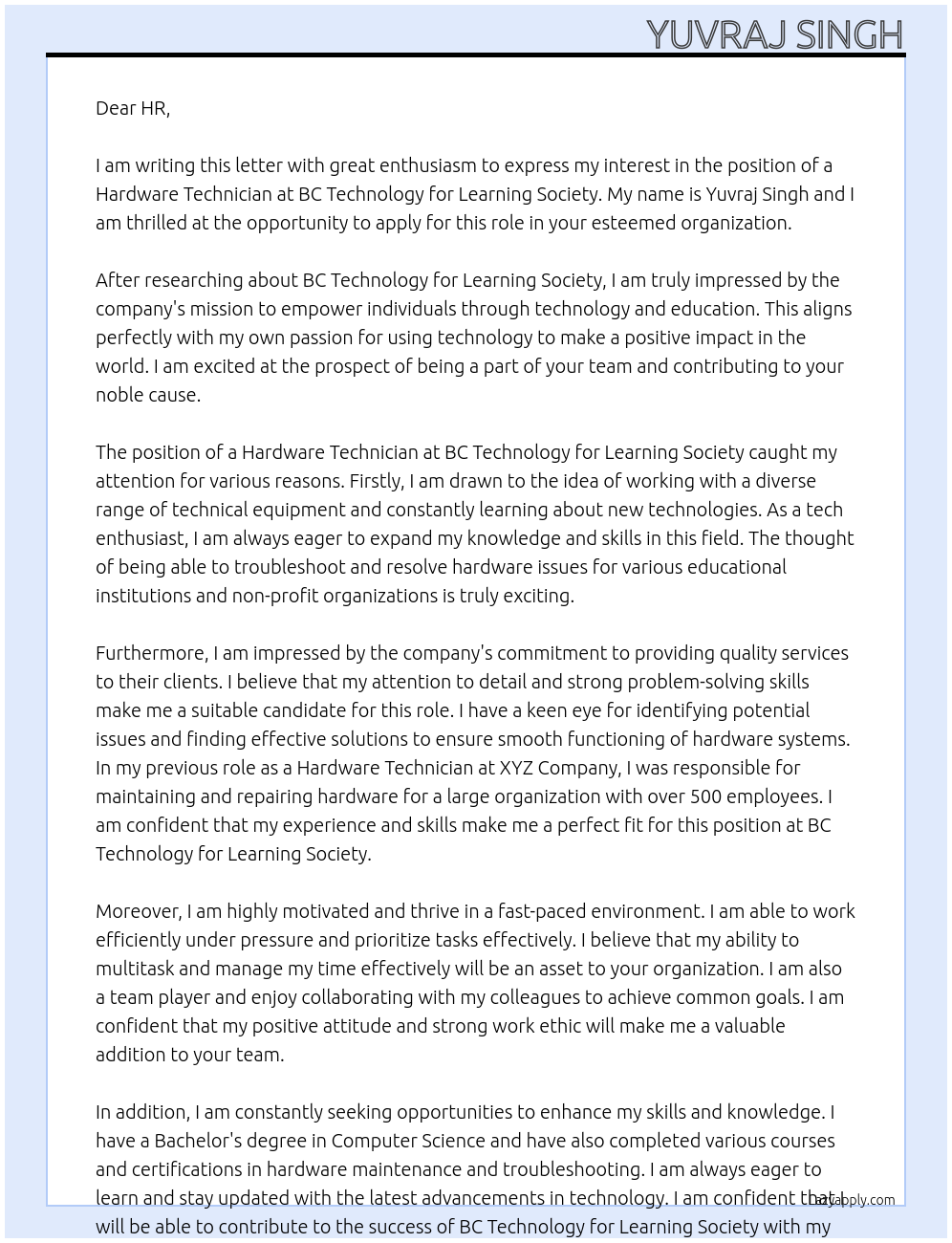 Hardware Technician At BC Technology for Learning Society  Cover Letter