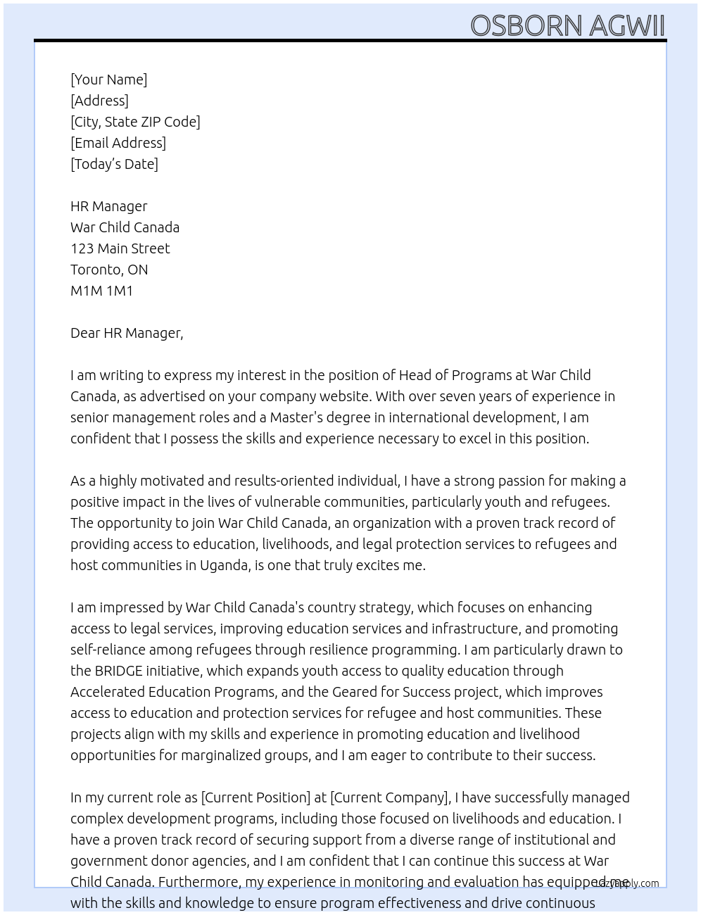 HEAD OF PROGRAMMES At War Child Canada Cover Letter