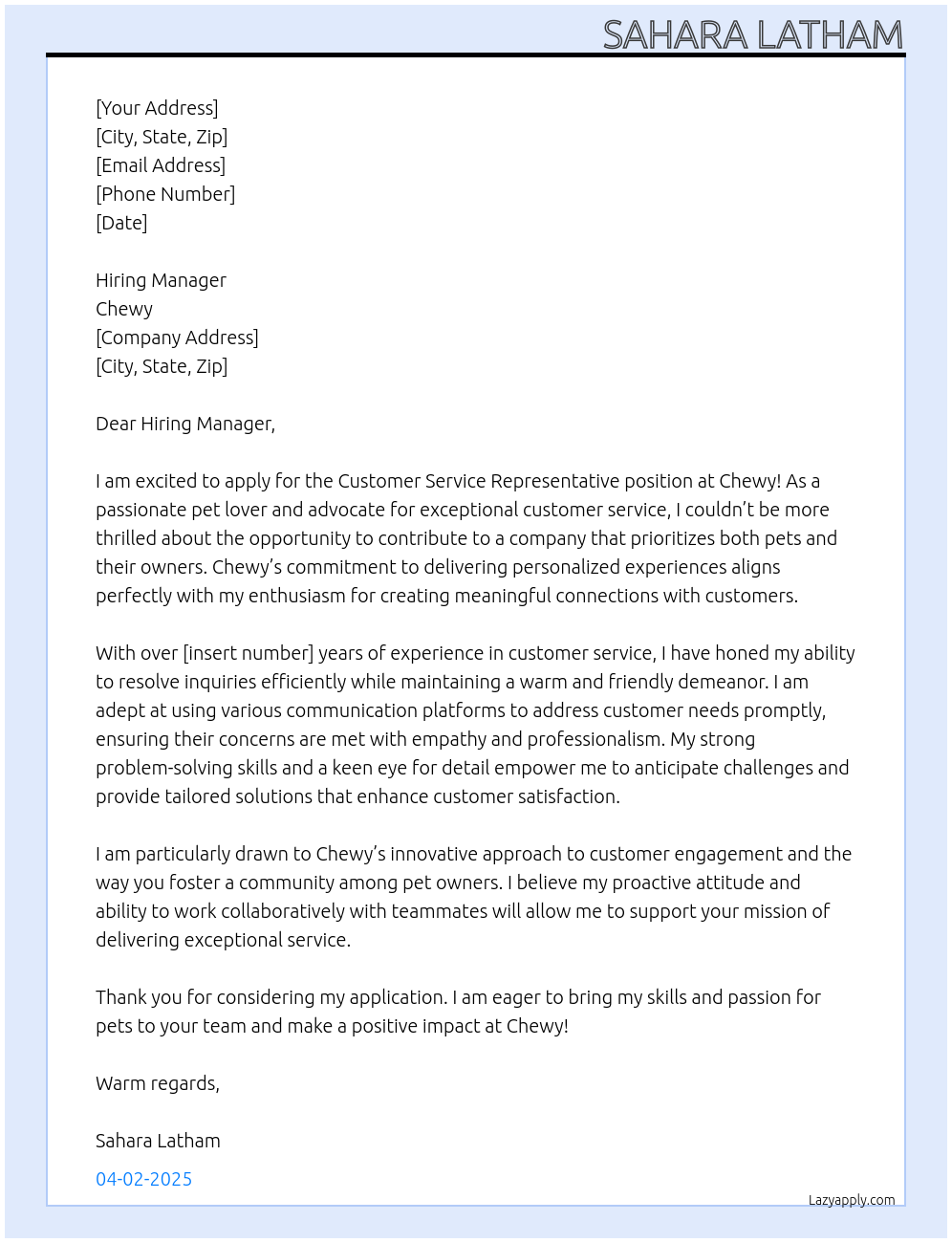 customer service representative At Chewy Cover Letter