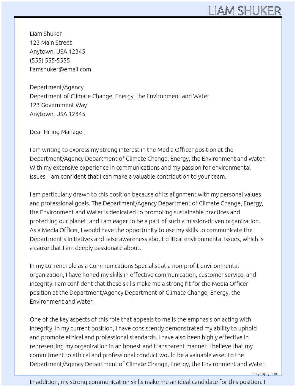 Media officer At Department/Agency	Department of Climate Change, Energy, the Environment and Water  Cover Letter