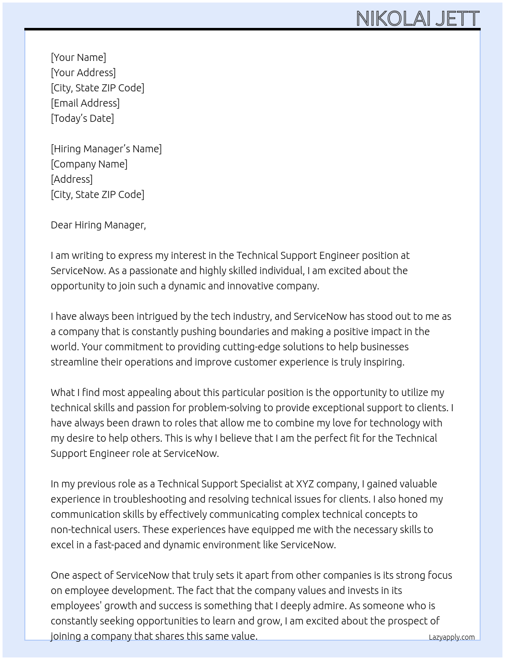 Technical Support Engineer At ServiceNow Cover Letter