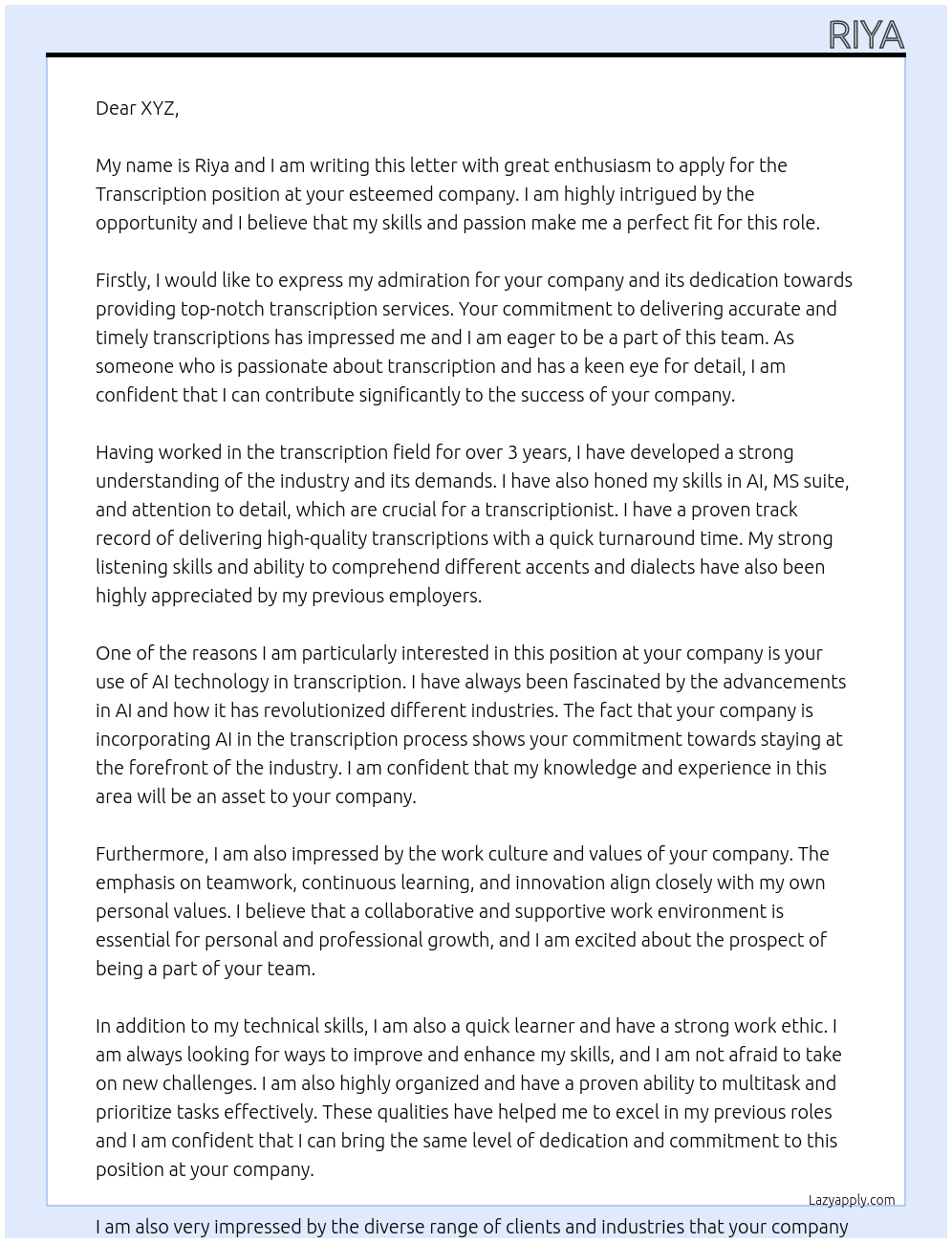 Transcription At xyz Cover Letter