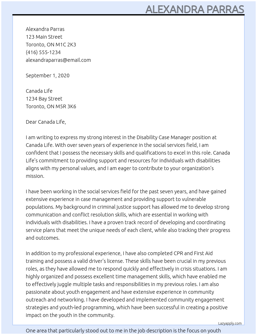 Disability Case Manager At Canada LIfe Cover Letter