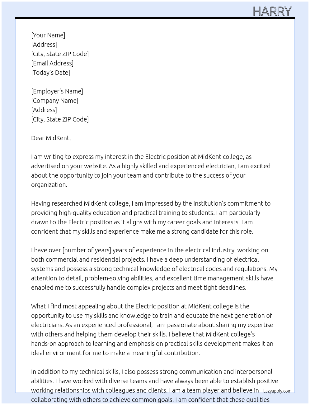 Electric At MidKent college  Cover Letter