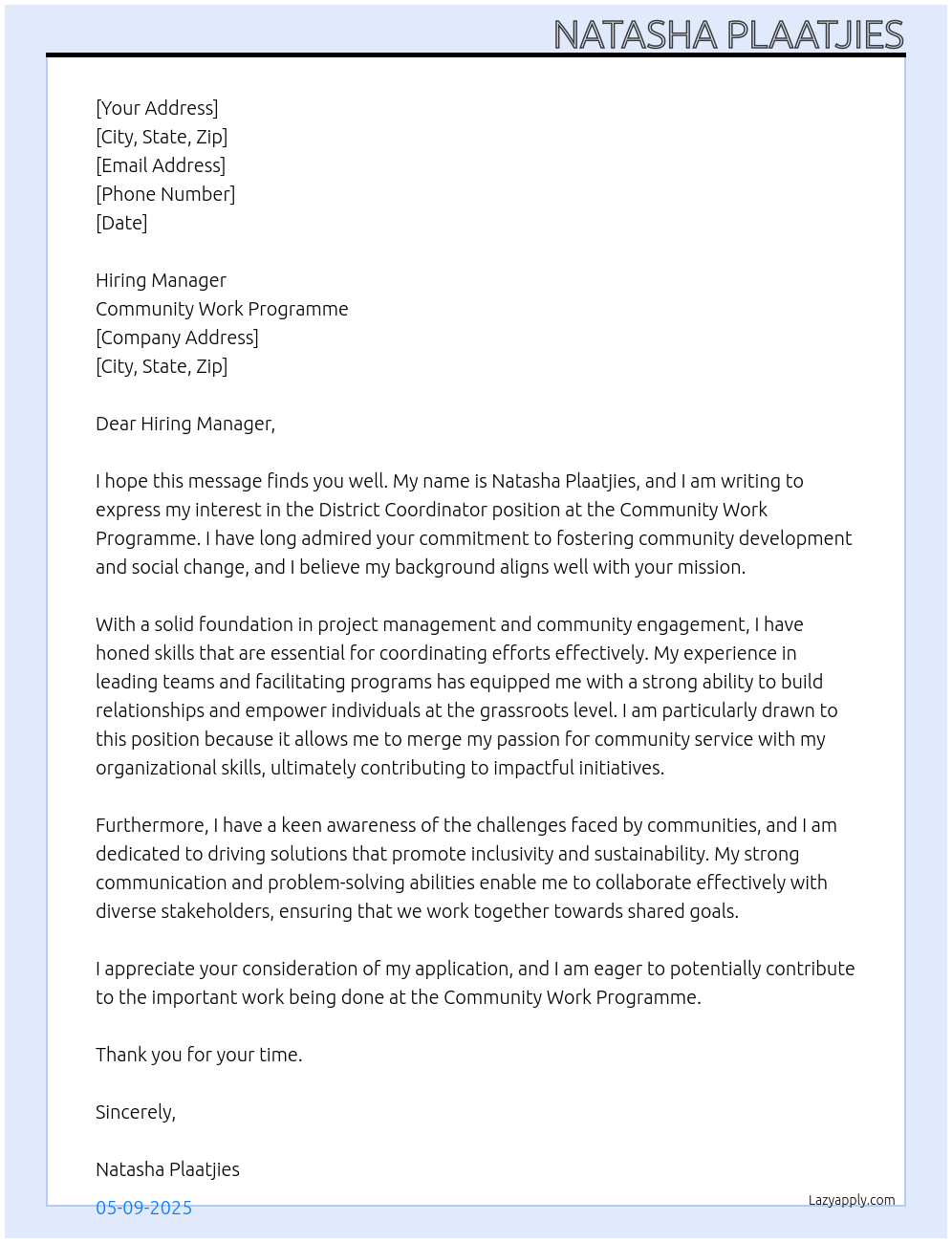 District Coordinator At Community Work Programme Cover Letter