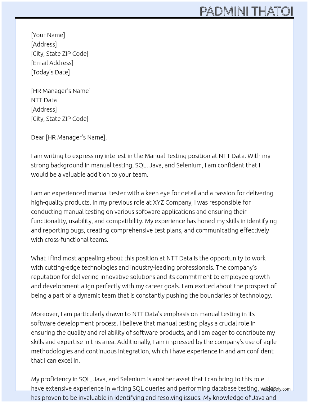 Manual Testing At NTT Data Cover Letter