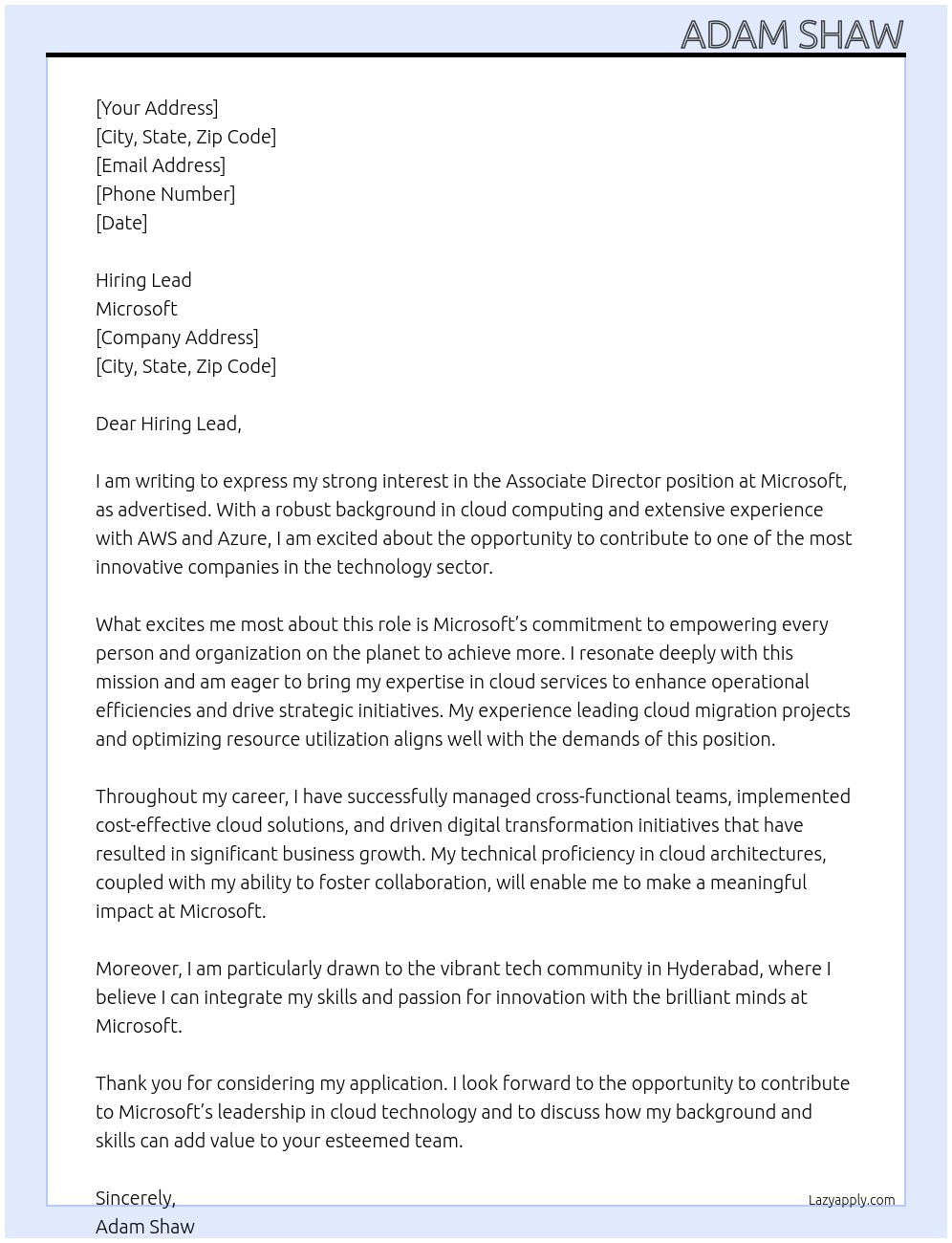 Associate Director At Microsoft Cover Letter