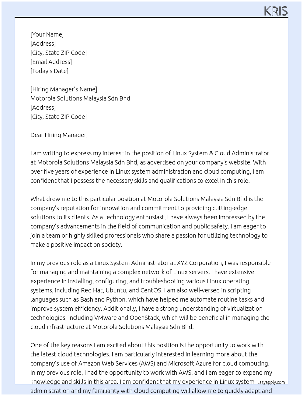 Cover letter for linux system & cloud administrator - LazyApply