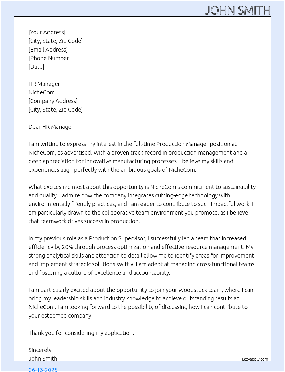 Production Manager At nichecom Cover Letter