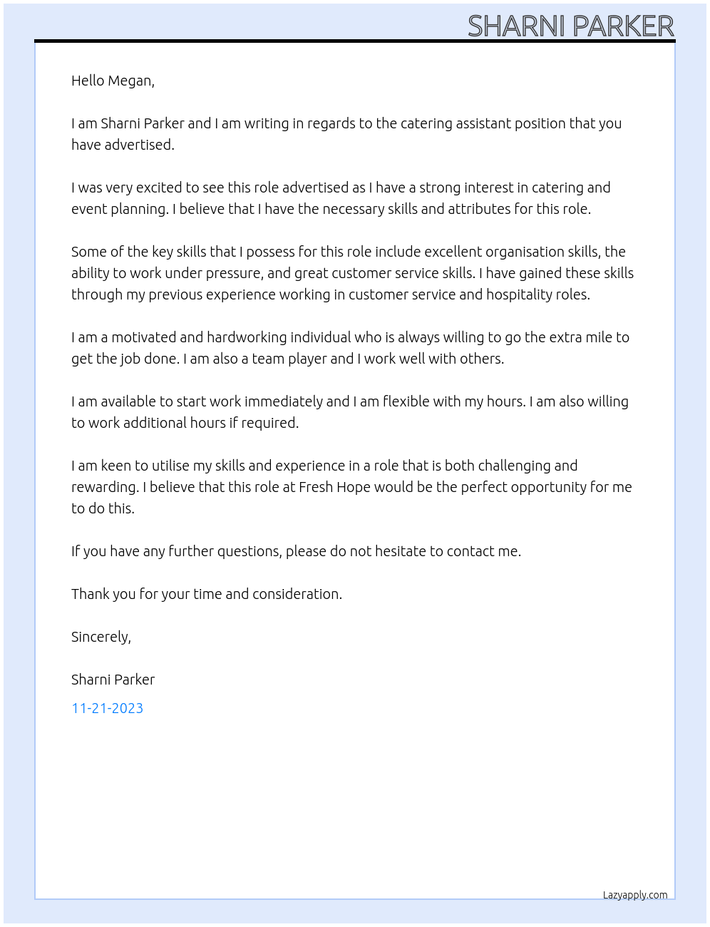 Catering assistant At Fresh hope Cover Letter