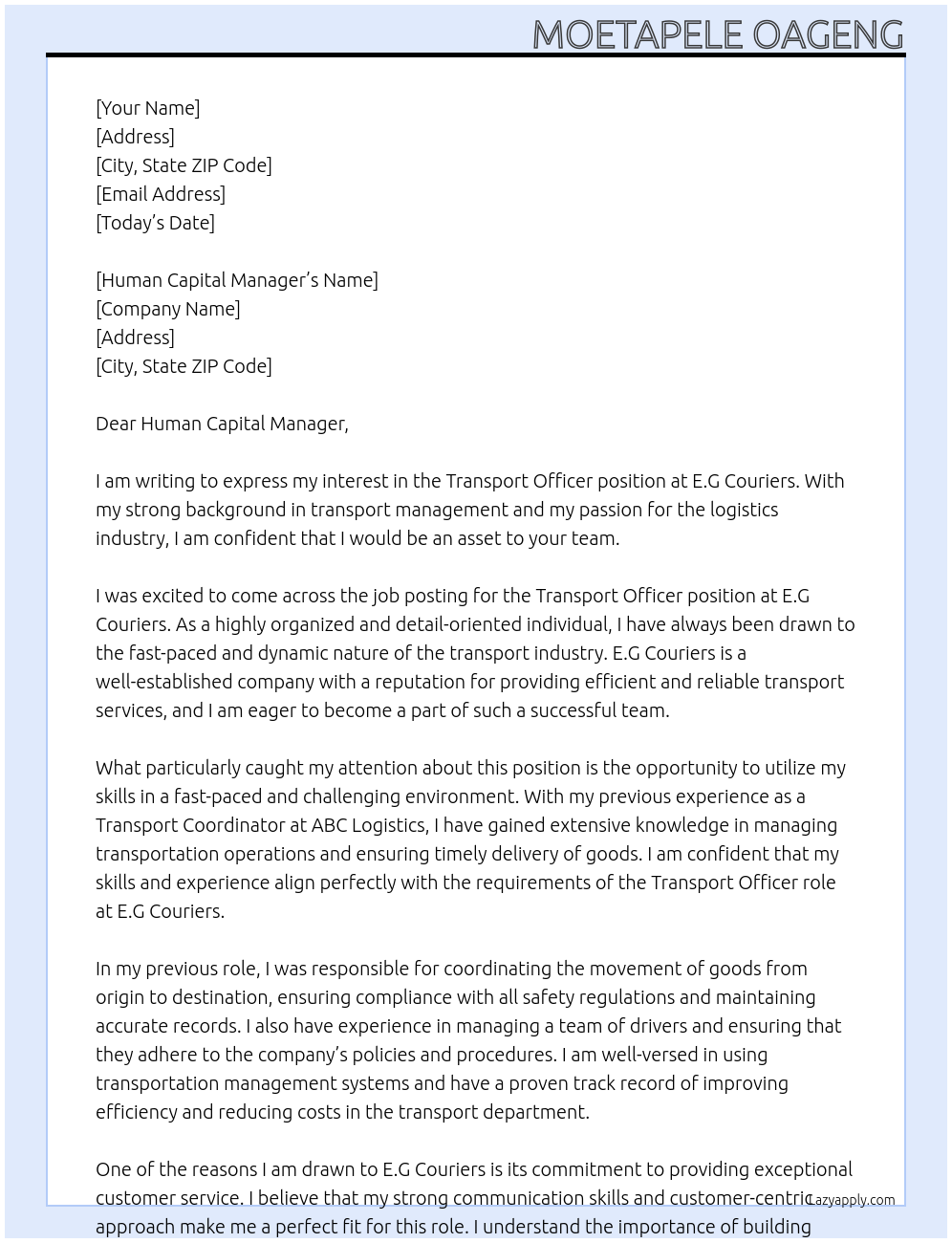 Transport Officer  At E.G Couriers Cover Letter