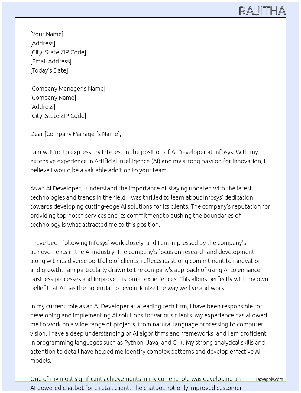 AI developer At Infosys Cover Letter
