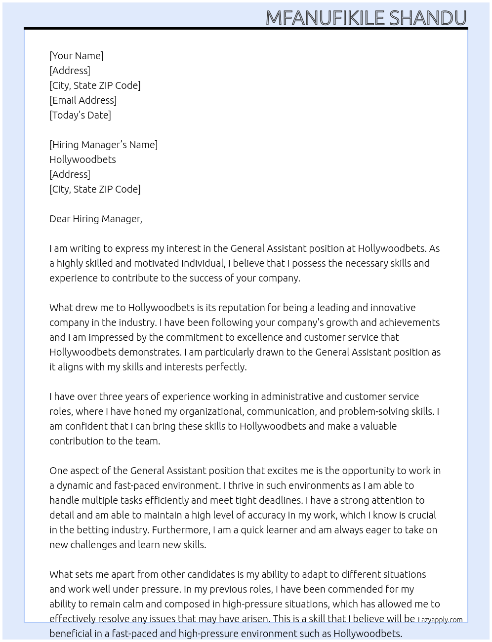 General Assistant At Hollywoodbets Cover Letter