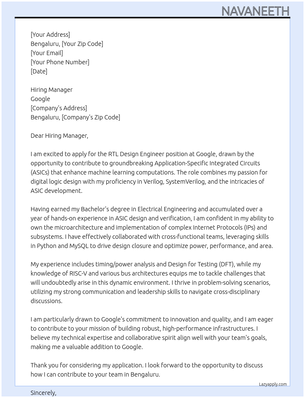 RTL Design Engineer At Google Cover Letter
