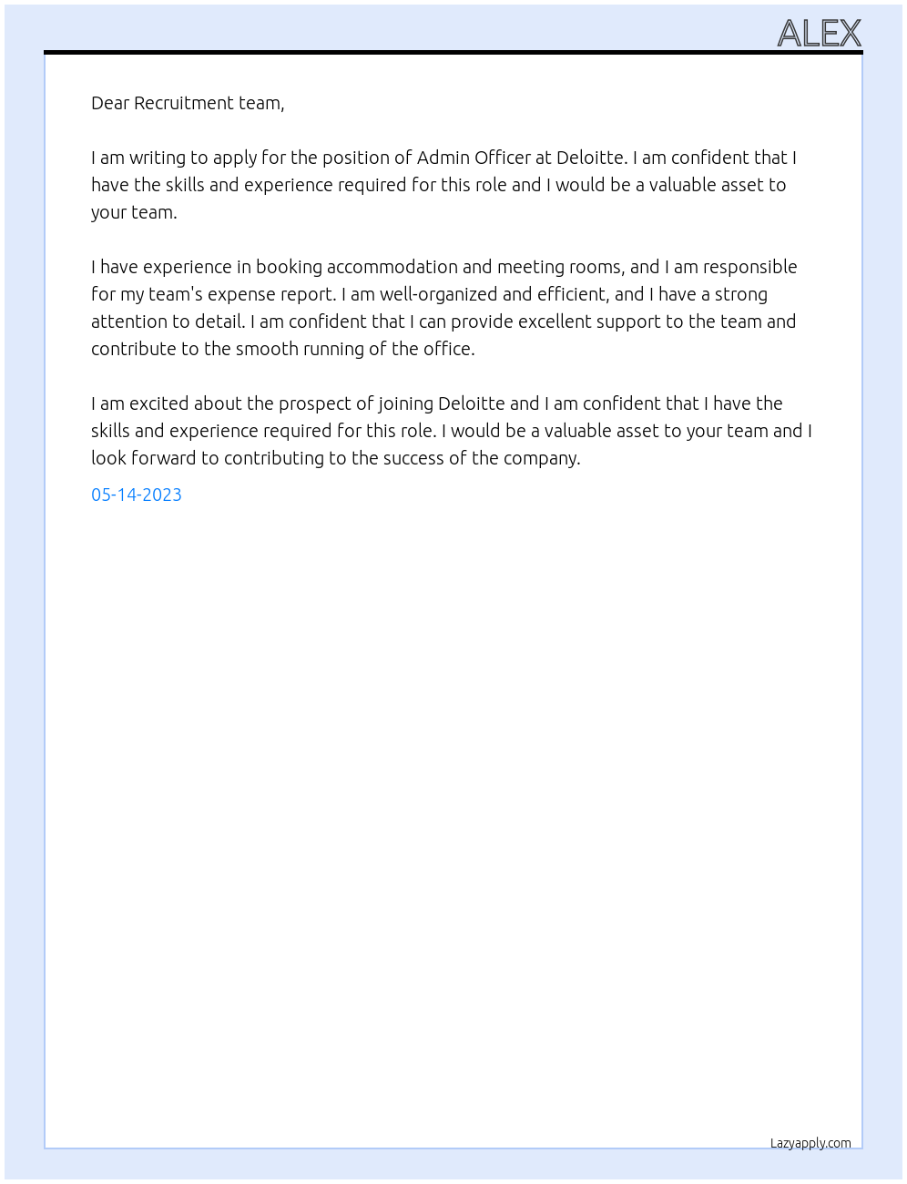 Admin Officer At Deloitte Cover Letter