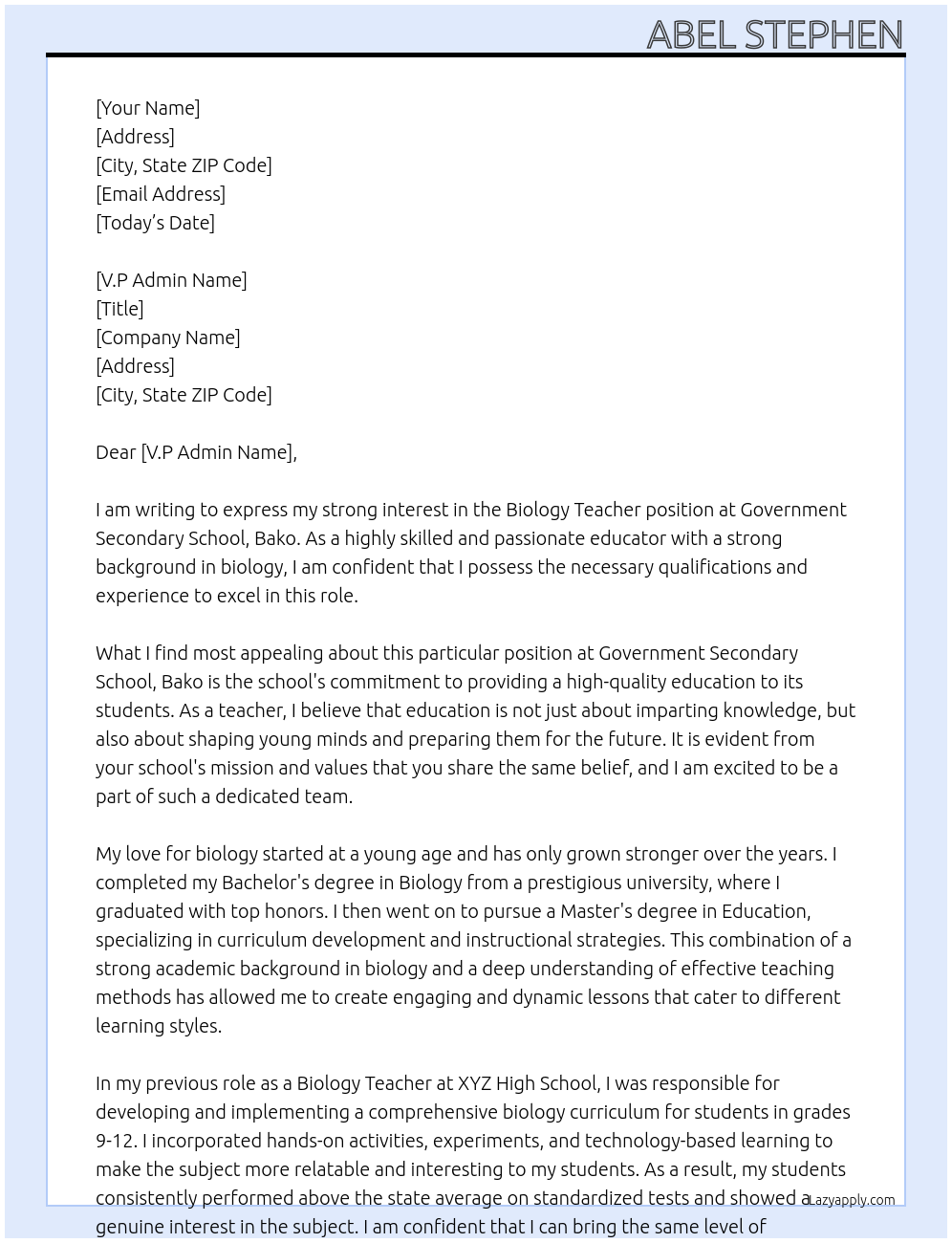 Biology Teacher At Government Secondary School, Bako Cover Letter