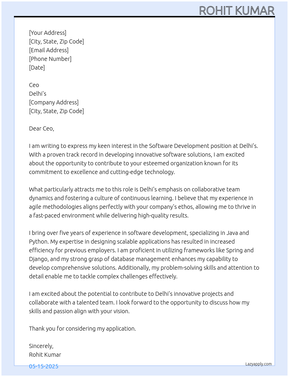 Software development At Delhi's Cover Letter