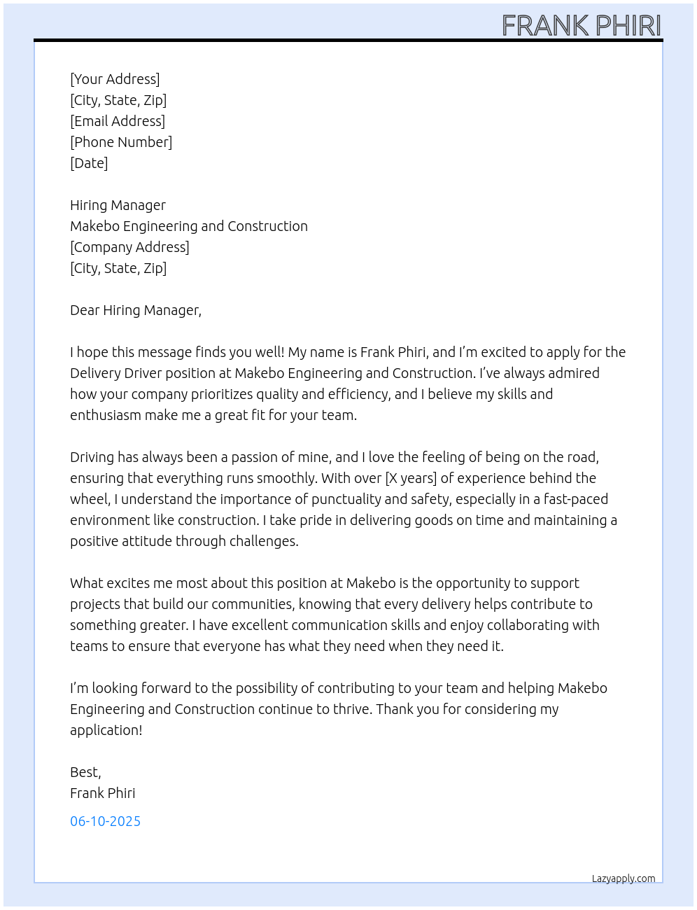 Delivery driver At Makebo engineering and construction Cover Letter