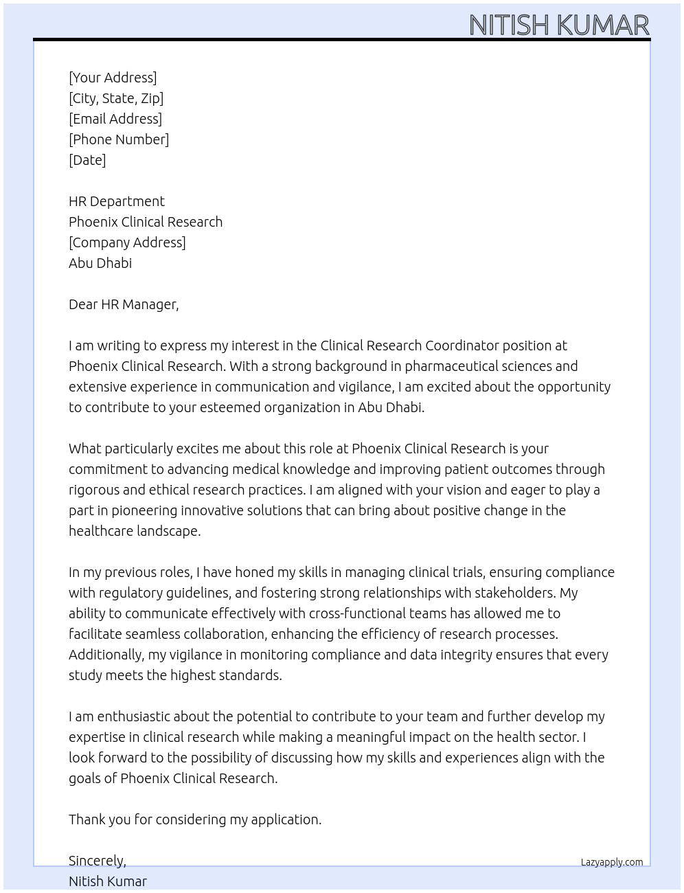 Cover letter for clinical research coordinator - LazyApply